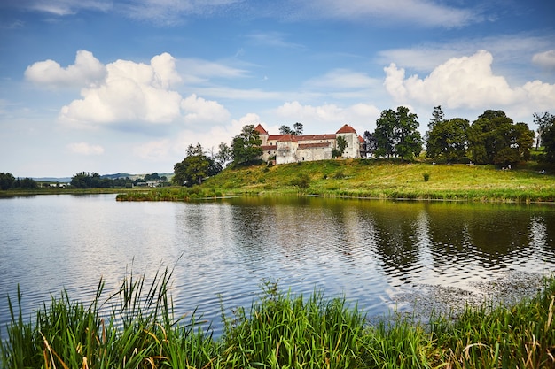 Ancient Svirzh castle with lake and trees