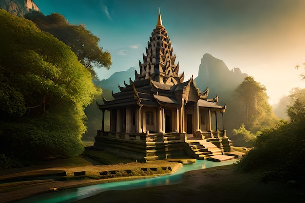 Ancient Ta Promh temple in the jungle background AI generated illustration