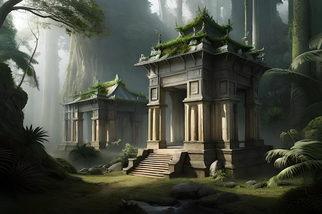 보디아의 정글에 있는 고대 타프롬 사원 (Ta Prom Temple) 은 디지털 페인팅 (Digital Painting) 과 예술적 개념 (Artistic Concept) 으로