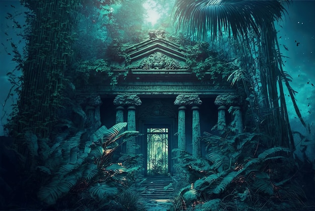 Ancient temple in dark jungle old ruins in fantasy tropical forest generative AI