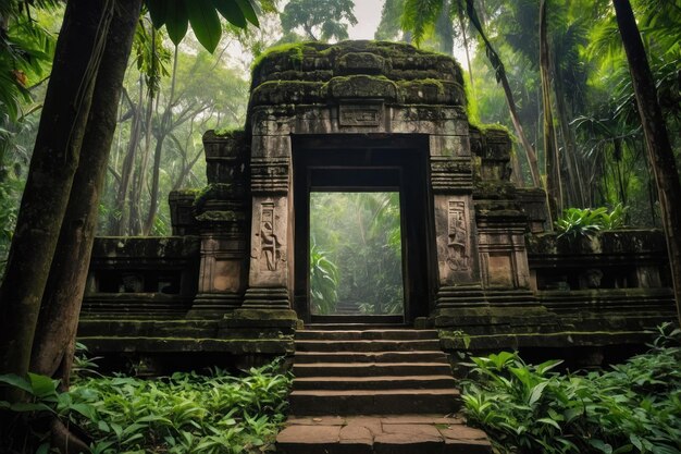 Ancient temple gateway in lush forest