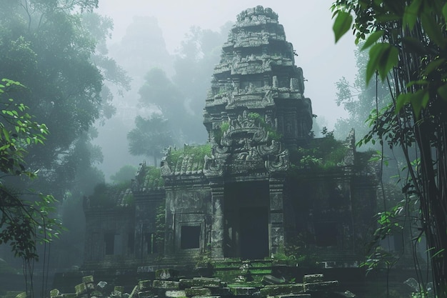 Ancient temple hidden in a dense misty jungle octa