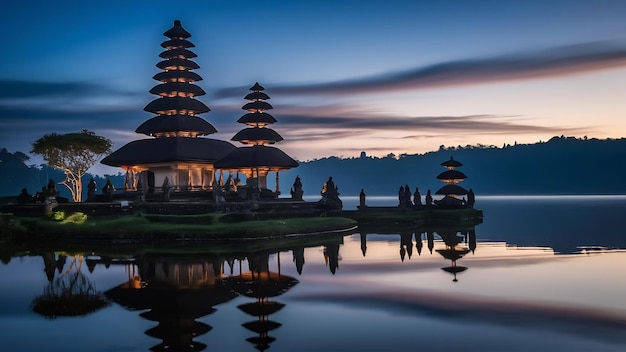 Ancient temple illumination of pura ulun danu bratan with blue sky on the dawn at bali