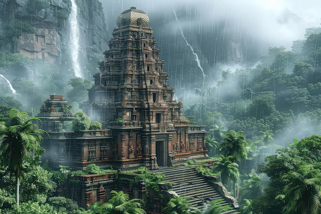 古代の寺院はジャングルの中に失われてしまった 寺院の壁の中に静かに立っているようだ まるで...