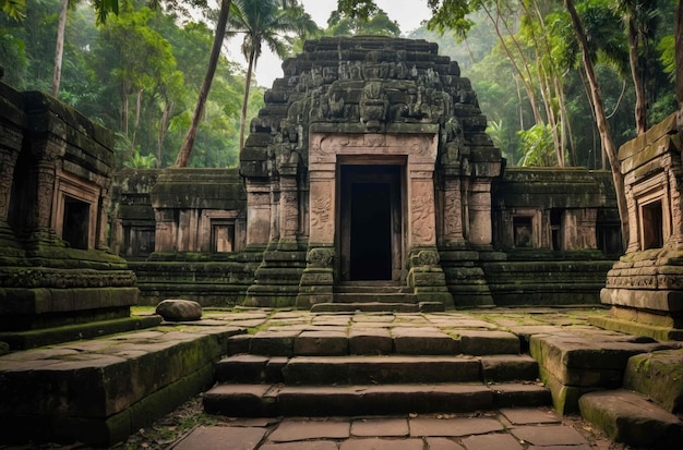 Ancient temple nestled in a dense jungle