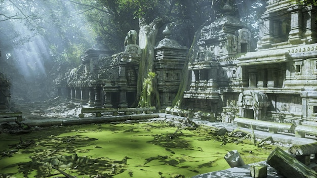 ancient temple ruins in cambodia surrounded by lush greenery and still waters