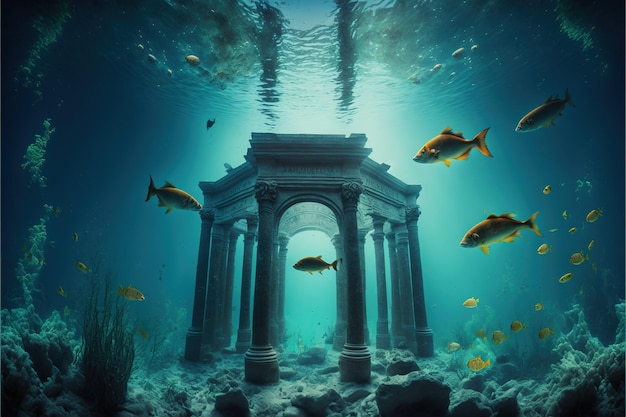 Ancient temple ruins and floating fish at the bottom of the ocean lost civilization high resolution stylish wallpaper fantasy legends lost architecture ancient arch world sunlight AI