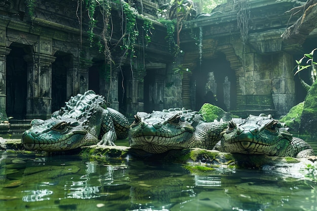 Ancient Temple Ruins Overgrown by Jungle with Sunlight Streaming Down Upon Statues of Crocodiles in