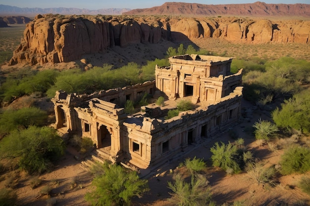 사막 풍경 에 있는 고대 사원 구조물