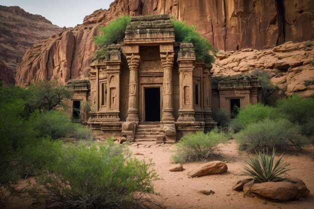 砂漠 の 景色 の 中 に ある 古代 の 寺院 の 構造