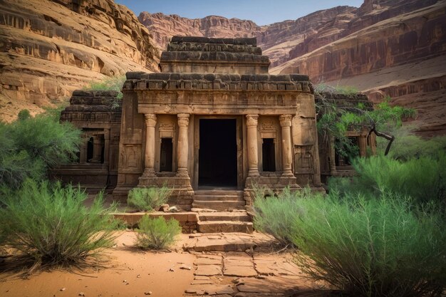 砂漠 の 景色 の 中 に ある 古代 の 寺院 の 構造