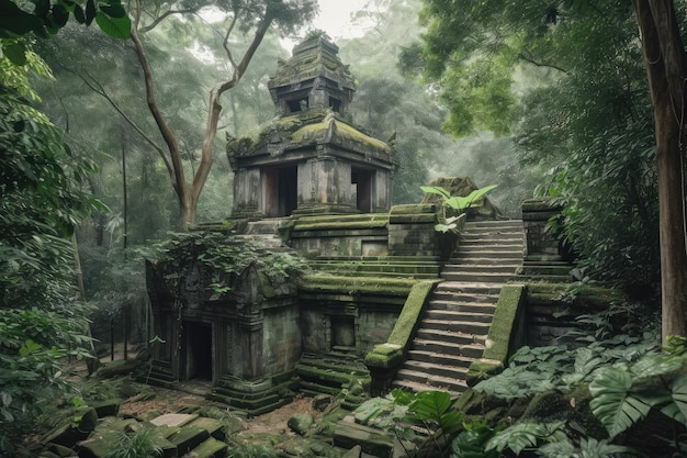 Ancient temple surrounded by lush greenery and towering trees