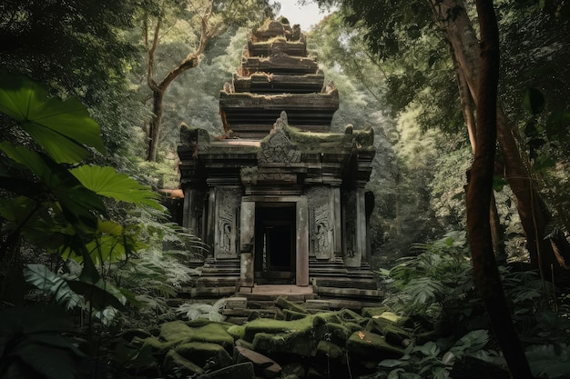 Ancient temple surrounded by lush greenery and towering trees