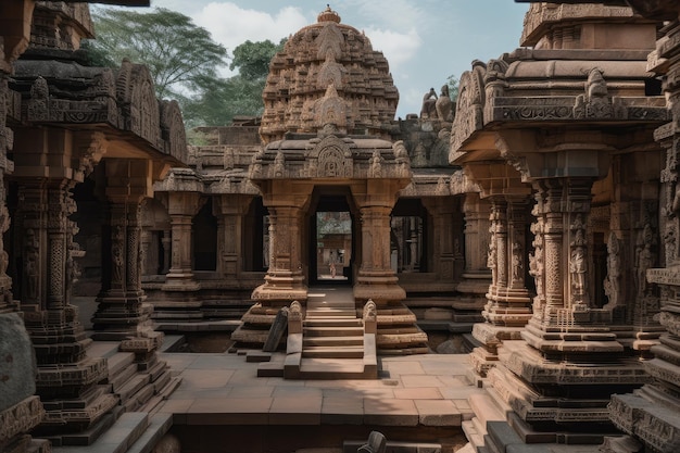 Ancient temple with towering columns and intricate carvings