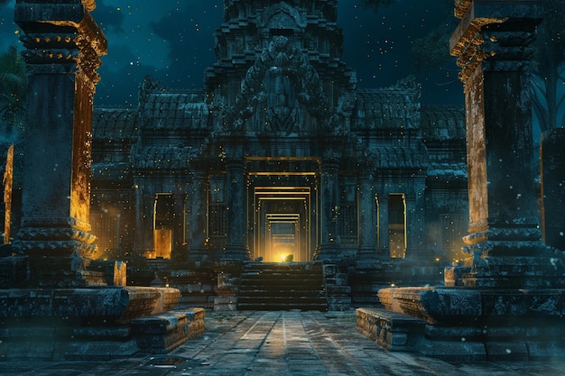 写真 古代の寺院が夜に照らされたオクタンレンダー
