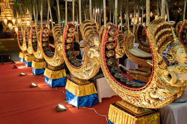 Ancient Thai music instrument and band are played by student in temple event at the night