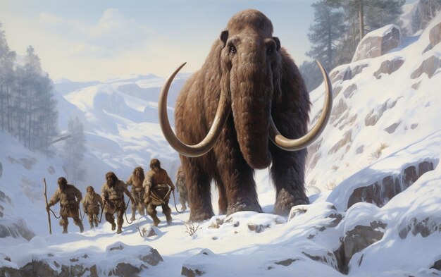 Ancient Thrill Cavemen in Pursuit of Woolly Mammoth Generative AI