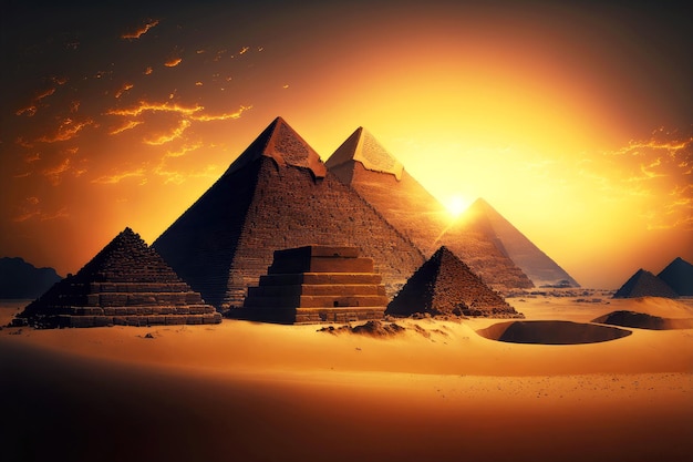 Ancient tomb in form of egyptian pyramids against background of sunset