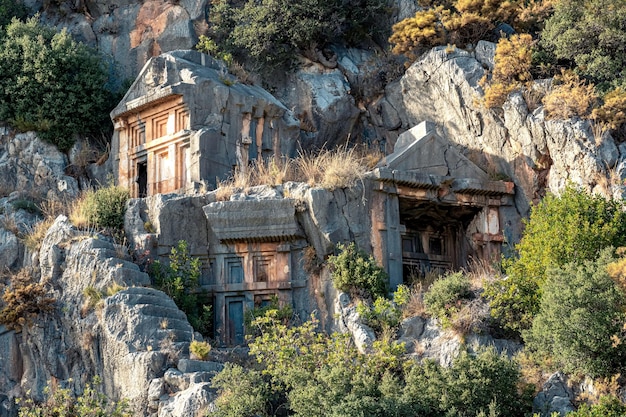 Ancient tombs and crypts carved into the rocks in the ruins of Myra of Lycia