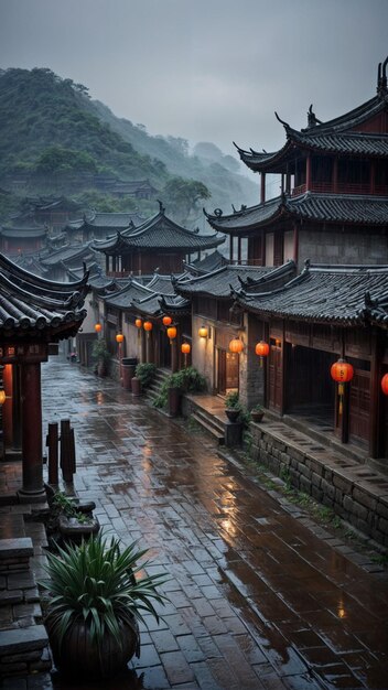 An ancient town in China rain fog looking at the lens through the 50mm photography head captured