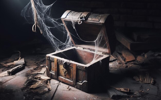 An ancient treasure chest in a dilapidated room filled with cobwebs cobwebs