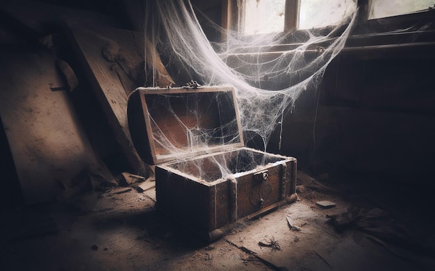 An ancient treasure chest in a dilapidated room filled with cobwebs cobwebs