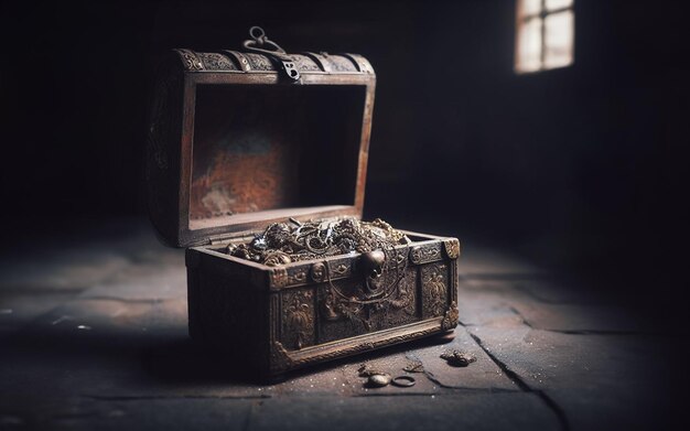 An ancient treasure chest in a dilapidated room filled with cobwebs cobwebs