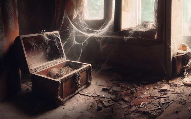 An ancient treasure chest in a dilapidated room filled with cobwebs cobwebs