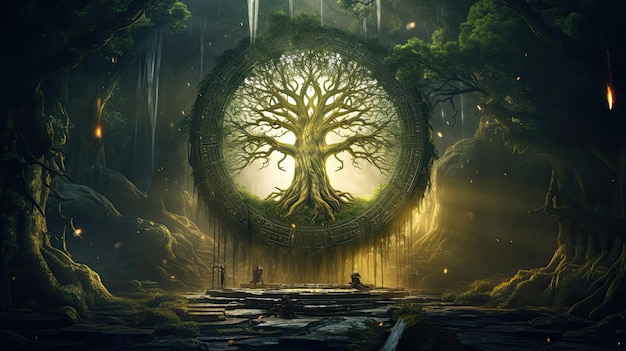 Ancient tree of life at the center of a mystical forest