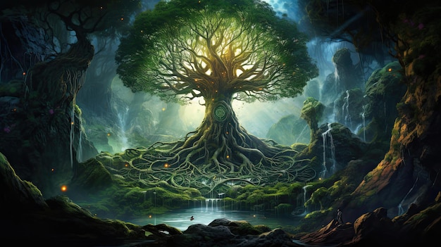 Ancient tree of life at the center of a mystical forest