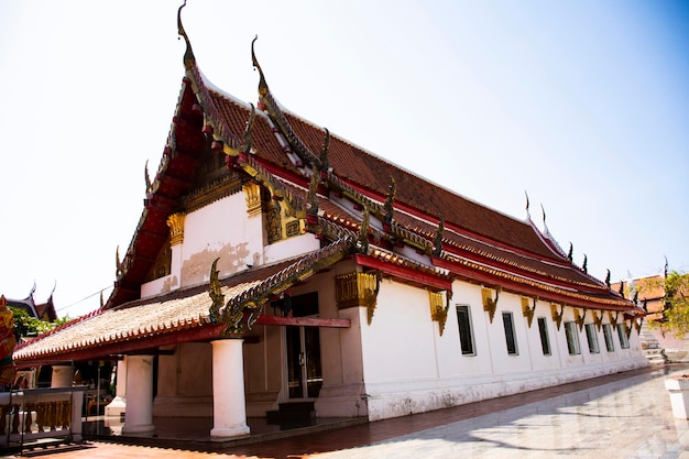 Ancient ubosot ordination hall or antique old church for thai people travelers travel visit and respect praying blessing wish mystery holy worship at Wat Pa Mok Worawihan temple in Ang Thong Thailand