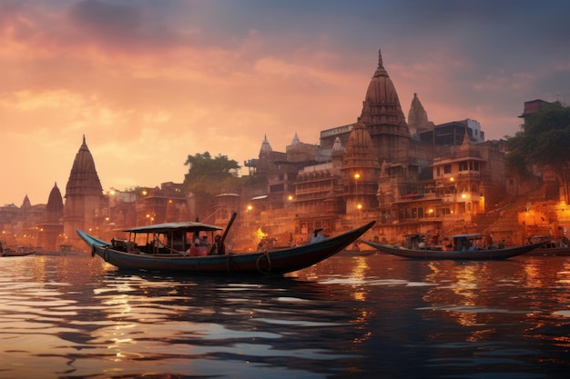 Ancient Varanasi Panoramic Sunset View from Ganges Boat