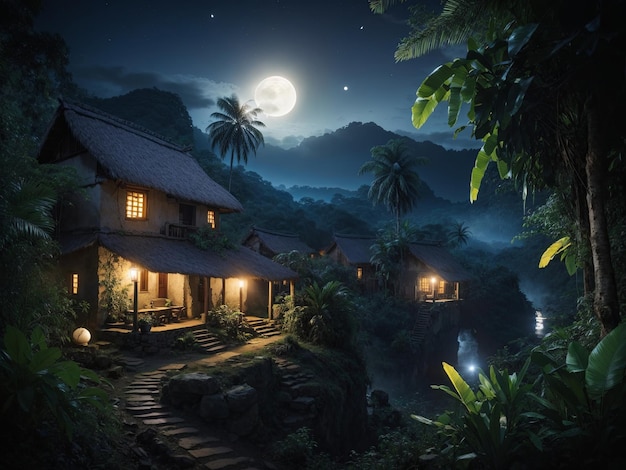 An ancient village in a dense jungle at night lit by candlelight mysterious setting