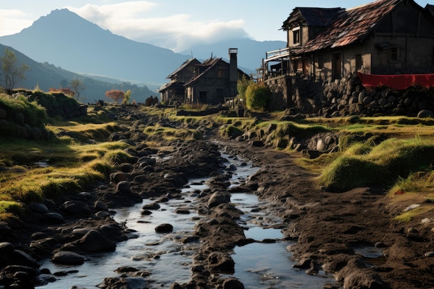 Ancient village in the midst of lava fields generative IA