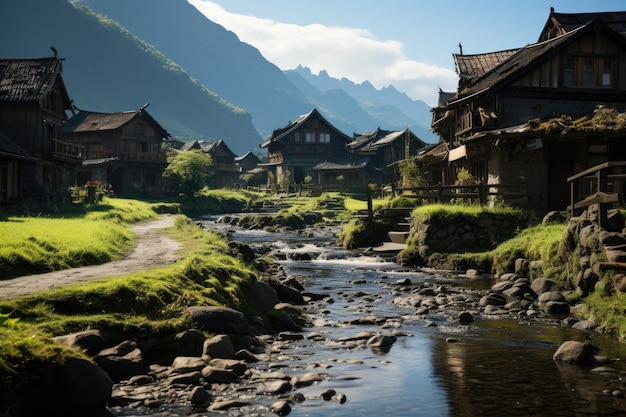 溶岩原の真ん中にある古代の村、生成された IA