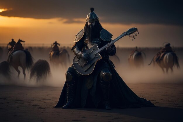 Foto generale di guerra antico che suona la chitarra in battaglia ai generativa