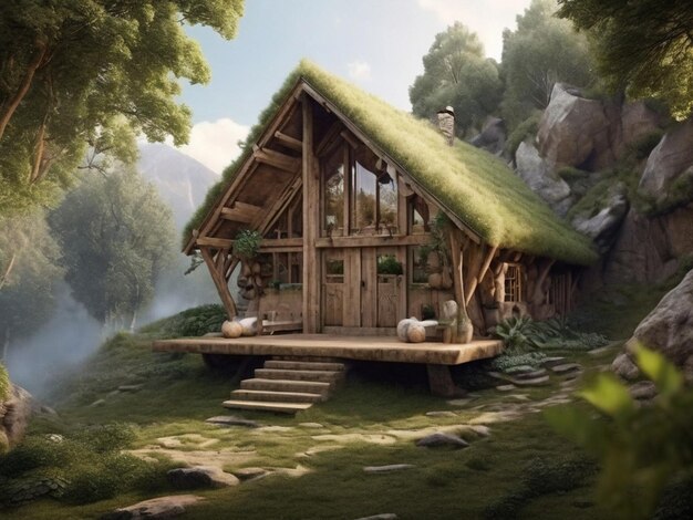 Ancient wood hut surrounded by nature embodies rustic spirituality generated by artificial intellige