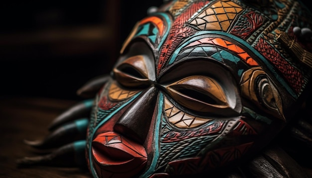 Antica maschera in legno con motivo ornato decorazione multicolore generata da ai