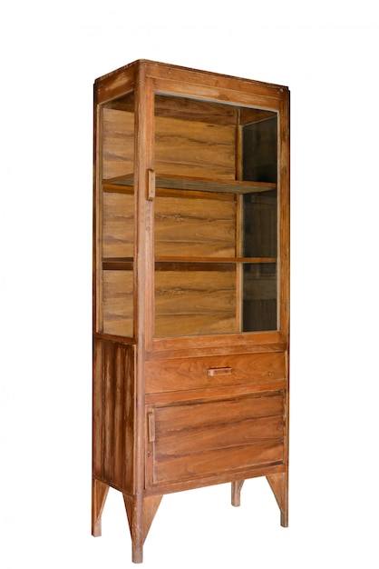 写真 ガラスで古代の木製キャビネットを白で隔離されるドアに挿入します