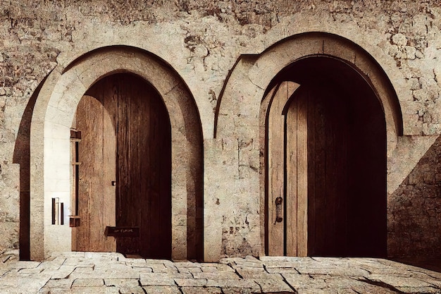 Ancient wooden medieval arch door in sunshine in stone wall of house