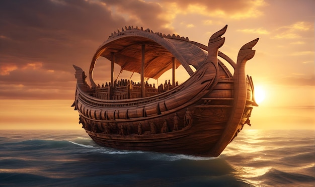 Photo an ancient wooden ship sails the waves