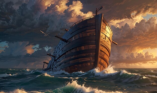 Photo an ancient wooden ship sails the waves