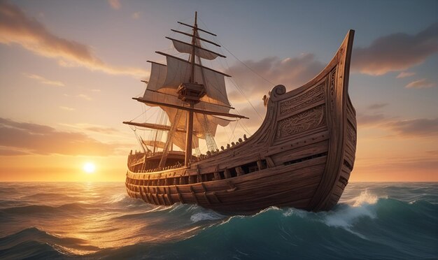 Photo an ancient wooden ship sails the waves