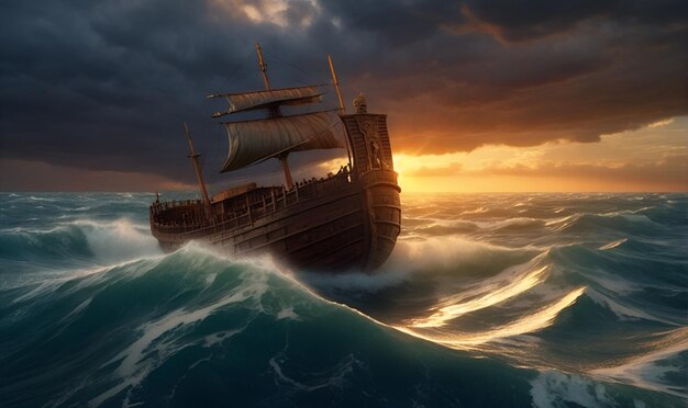 Photo an ancient wooden ship sails the waves