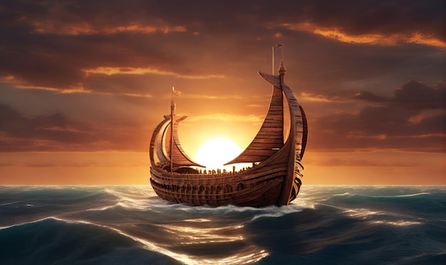 An ancient wooden ship sails the waves