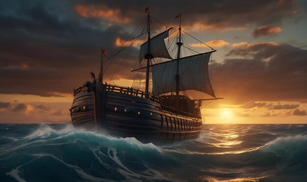 Photo an ancient wooden ship sails the waves