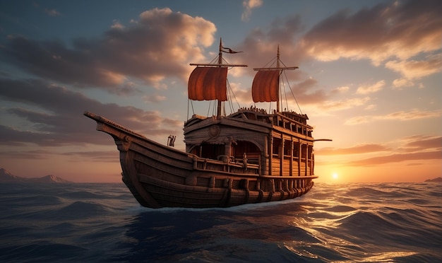 Photo an ancient wooden ship sails the waves