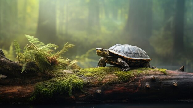 An ancientlooking turtle resting on a weathered log in a misty forest pond