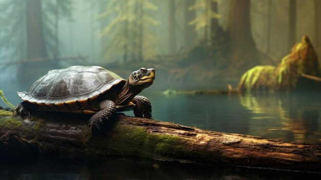 Photo an ancientlooking turtle resting on a weathered log in a misty forest pond