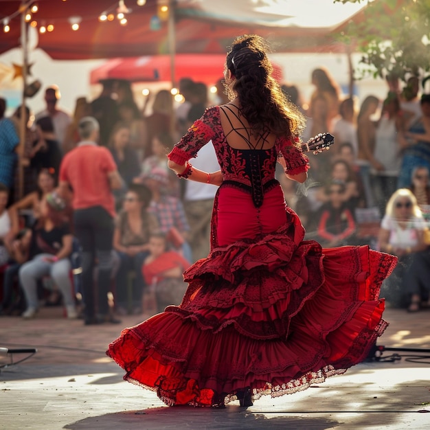 안달루시아 페스티벌 플라멘코 공연과 은 드레스를 입은 여성 춤